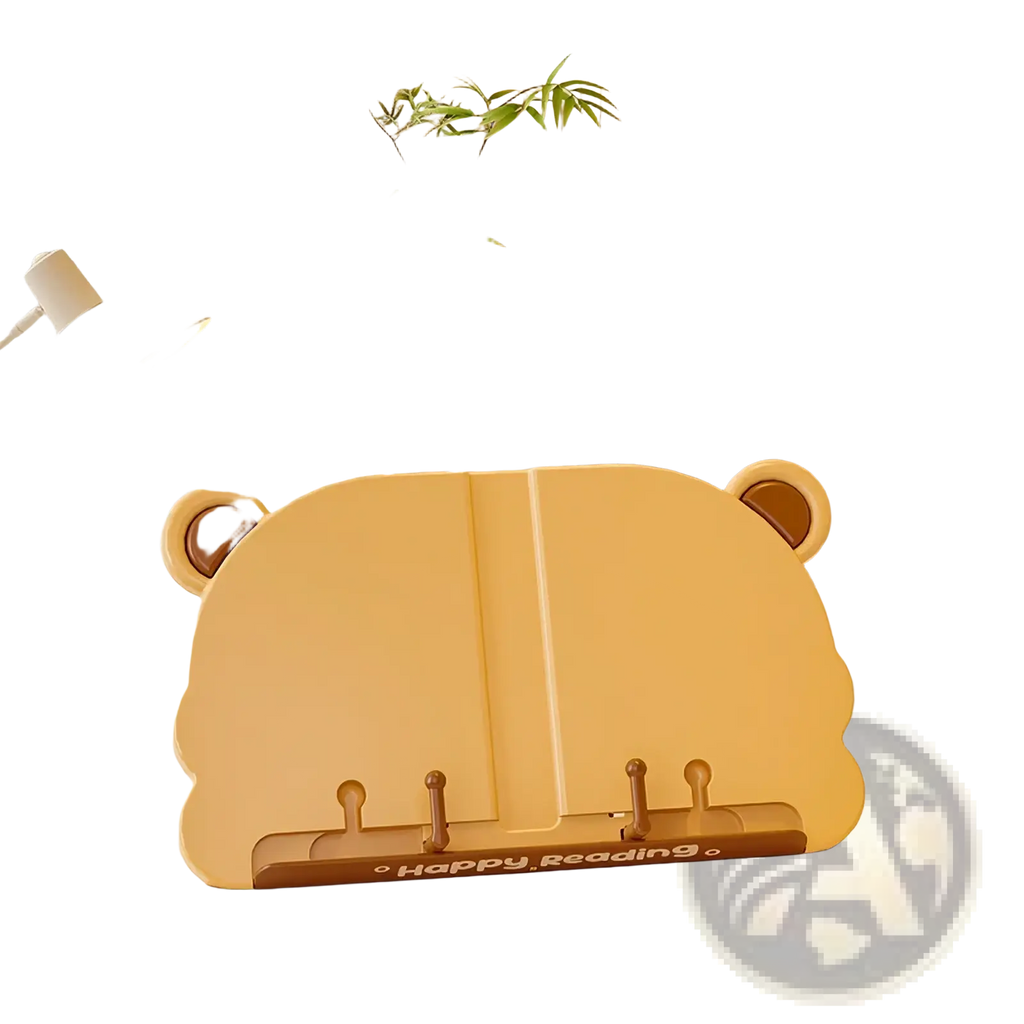 Yellow kids bear reading stand book holder with rounded ears and wooden base engraved with happy reading