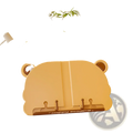 Yellow kids bear reading stand book holder with rounded ears and wooden base engraved with happy reading
