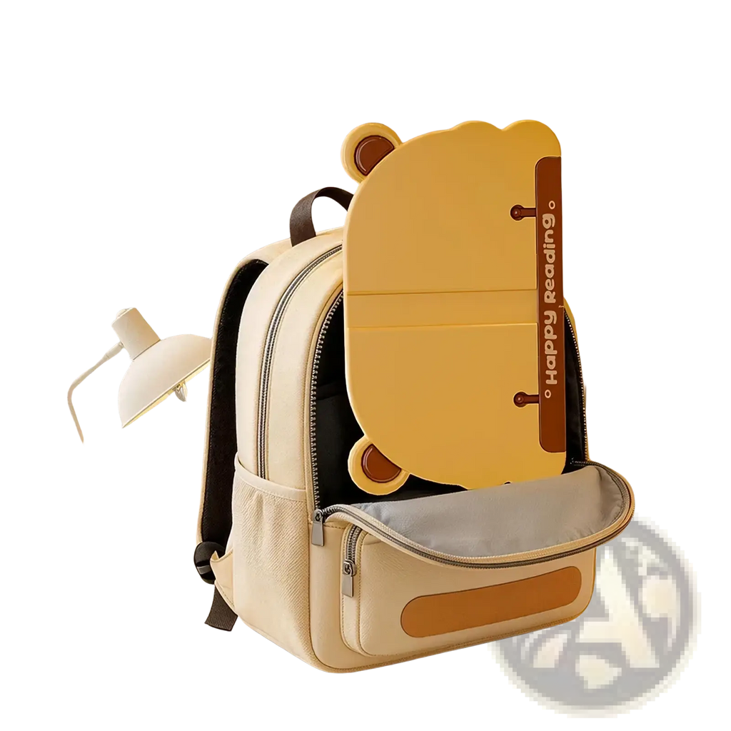 Cream-colored kids bear reading stand book holder with yellow bear-shaped book clip reading happy reading in brown lettering