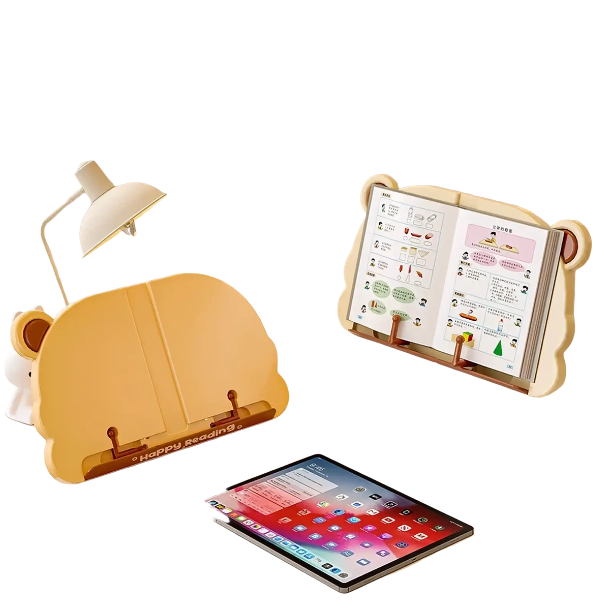 Cream-colored kids bear reading stand book holder with rounded ears and smooth matte finish made of durable material