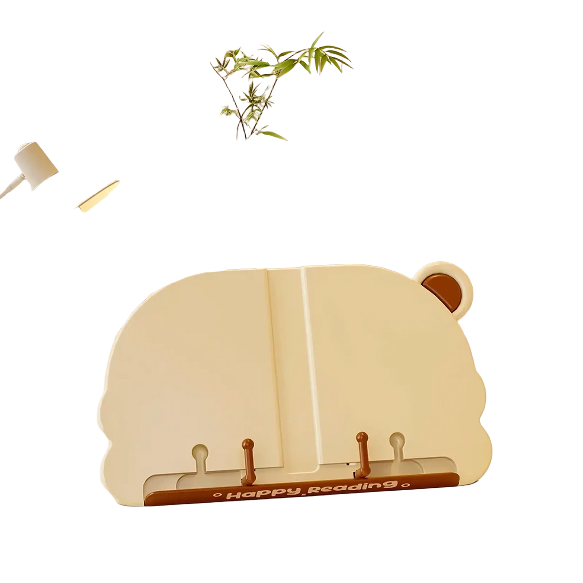 Cream-colored kids bear reading stand book holder with brown ear accents and wooden base engraved with happy reading