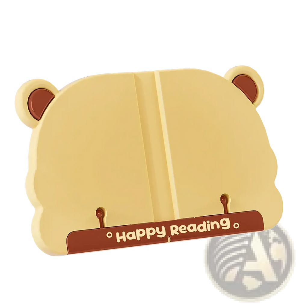 Kids bear reading stand book holder in beige with brown ears and a happy reading banner for children’s use
