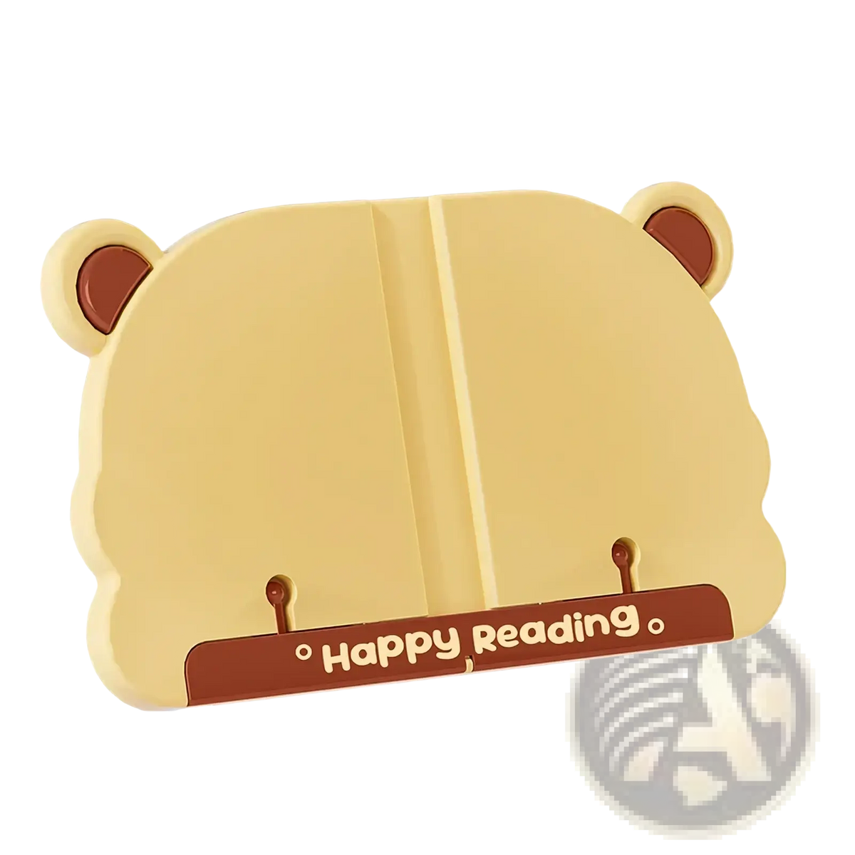 Kids bear reading stand book holder in beige with brown ears and a happy reading banner for children’s use