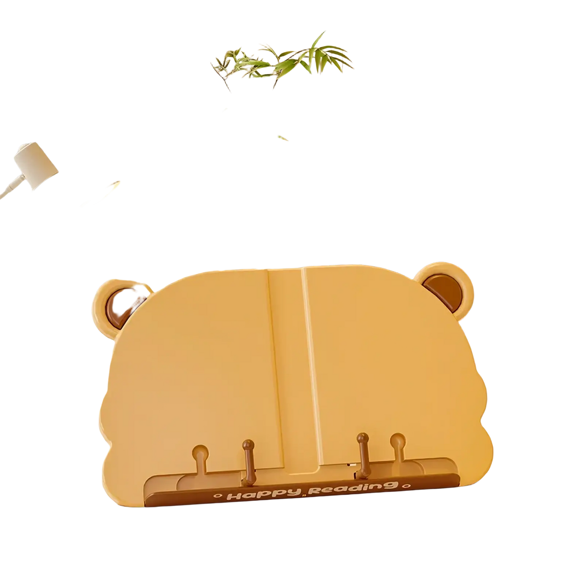 Yellow kids bear reading stand book holder with rounded ears and wooden base engraved with happy reading