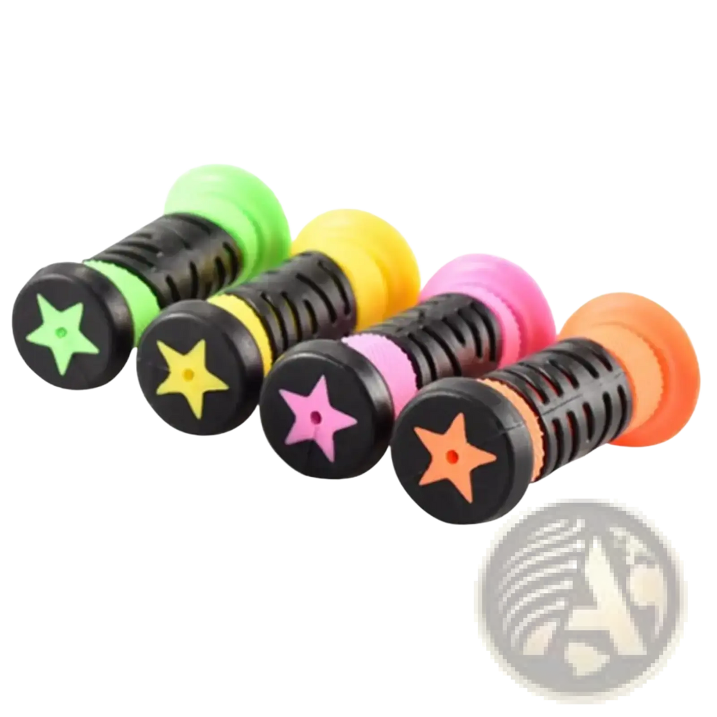 Four colorful silicone tpr kids bike handlebar grips with black textured handles and star-shaped caps in neon colors