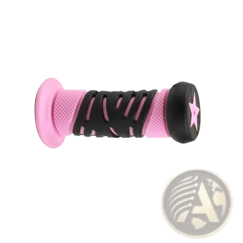 Kids bike handlebar grips pink and black tpr soft rubber with star emblem on the end for comfortable grip