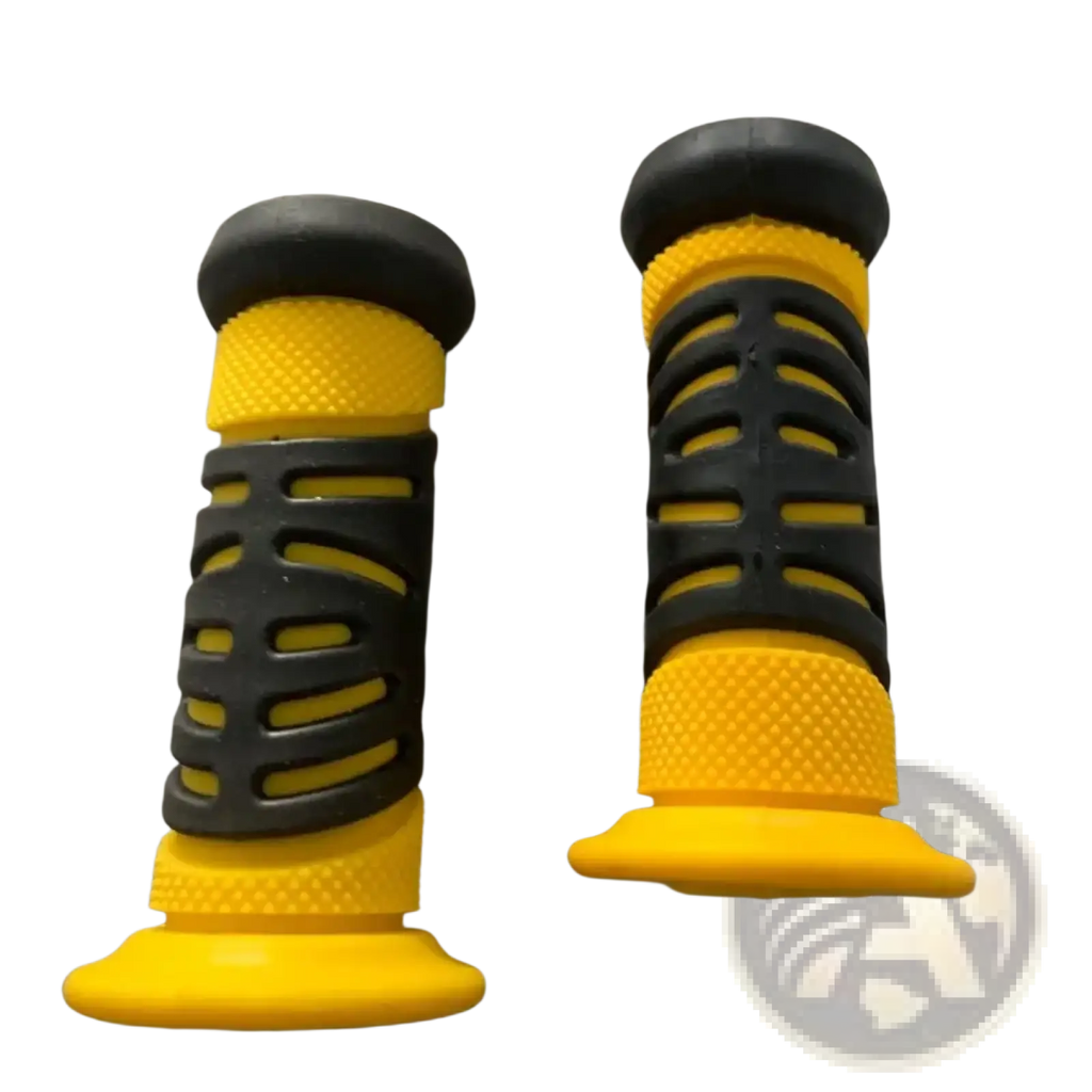Yellow and black kids bike handlebar grips with textured ergonomic design made of soft tpr rubber