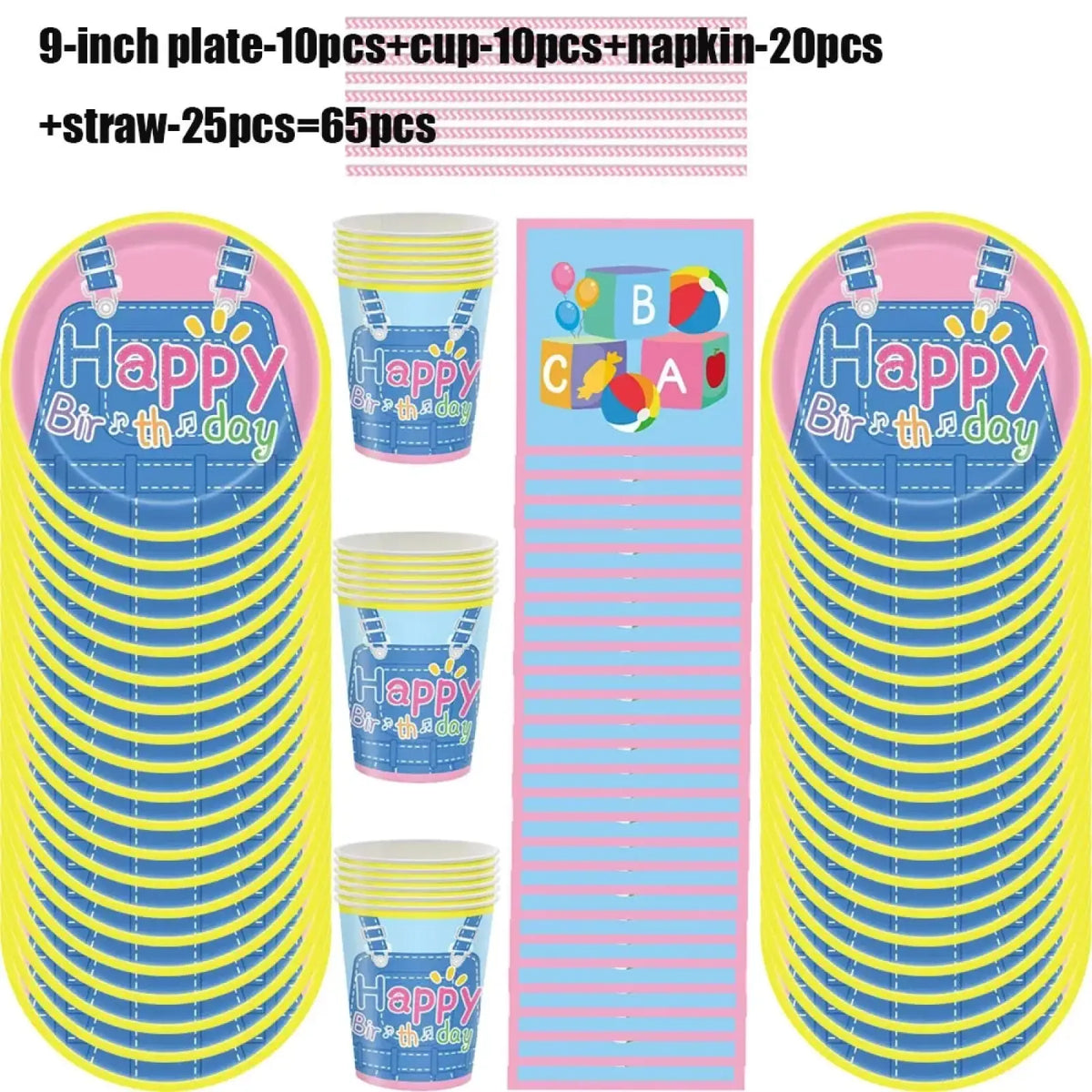 Kids birthday party disposable tableware set with blue and yellow paper plates featuring denim overalls design and happy birthday text