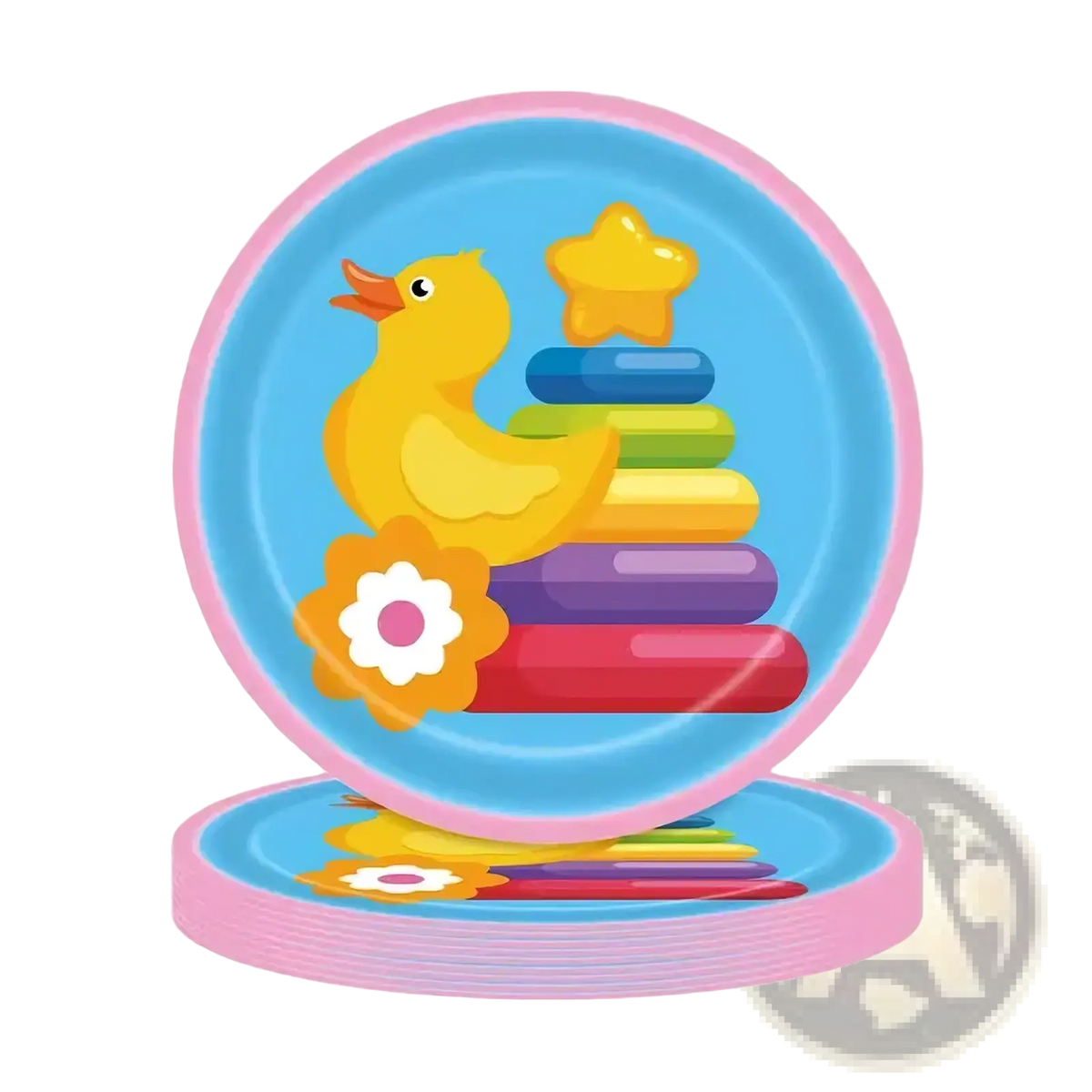 Kids birthday party disposable tableware set with pink-rimmed plastic plates featuring yellow duck and rainbow rings design