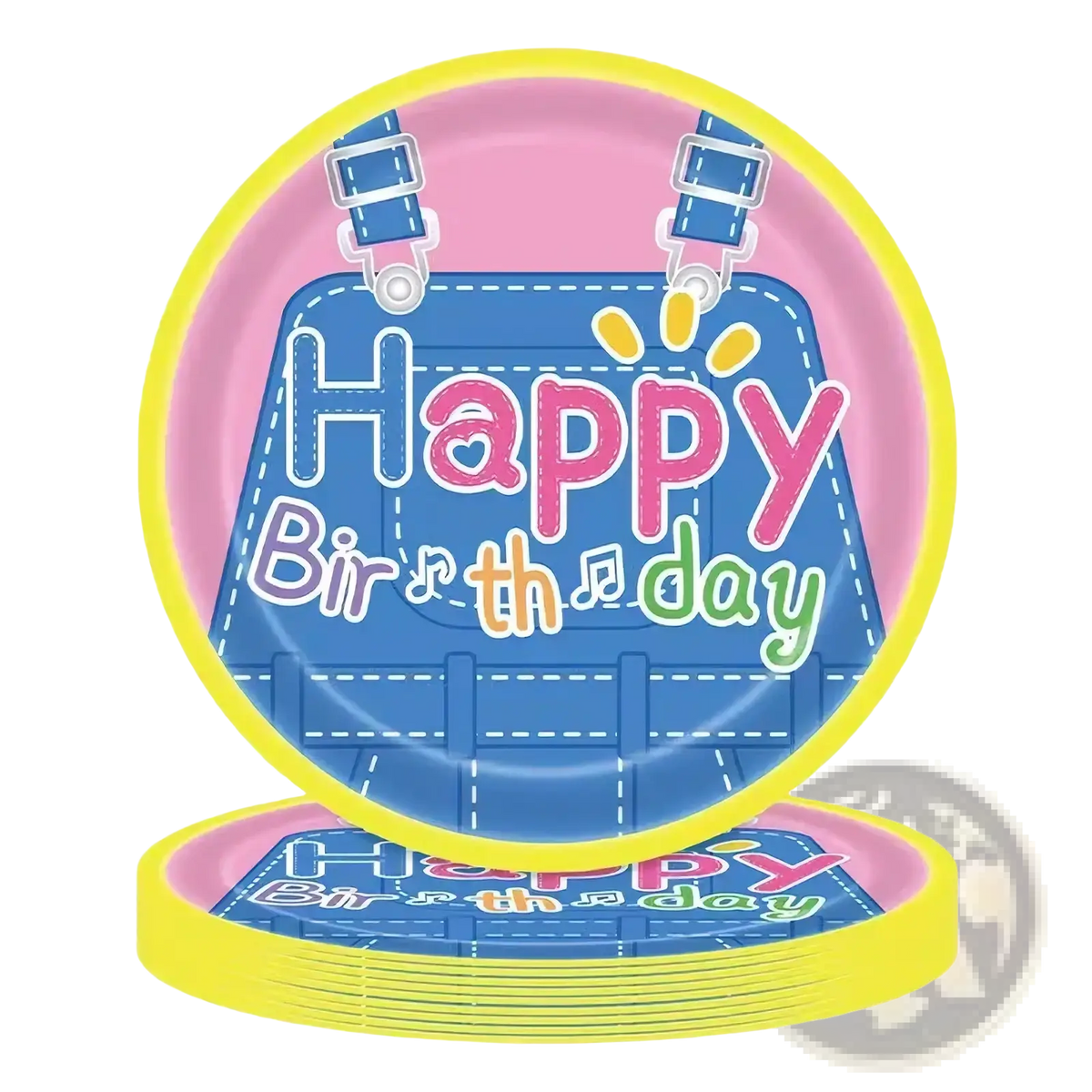 Kids birthday party disposable tableware set featuring pink and blue denim-style plates with yellow rims