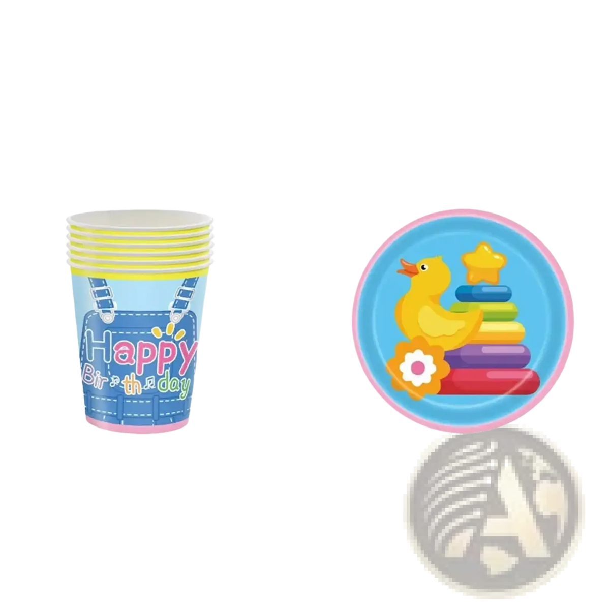 Kids birthday party disposable tableware set featuring blue and pink paper cups with denim overalls design and happy birthday text