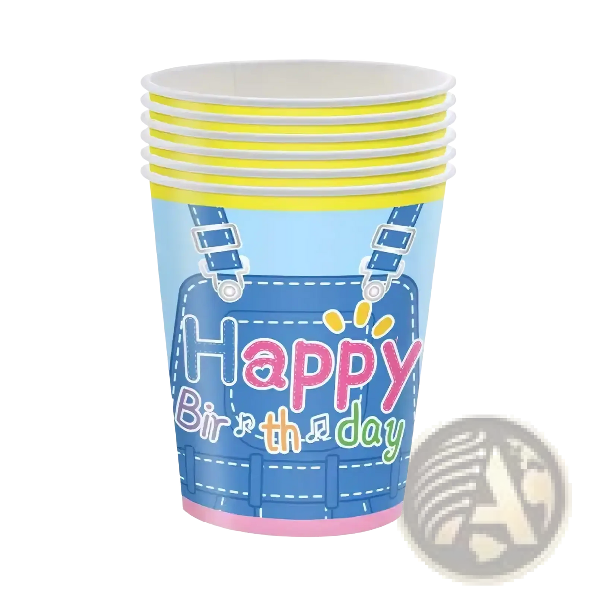 Stack of blue paper birthday cups with yellow rims and pink accents featuring denim overalls and happy birthday text for kids party tableware set