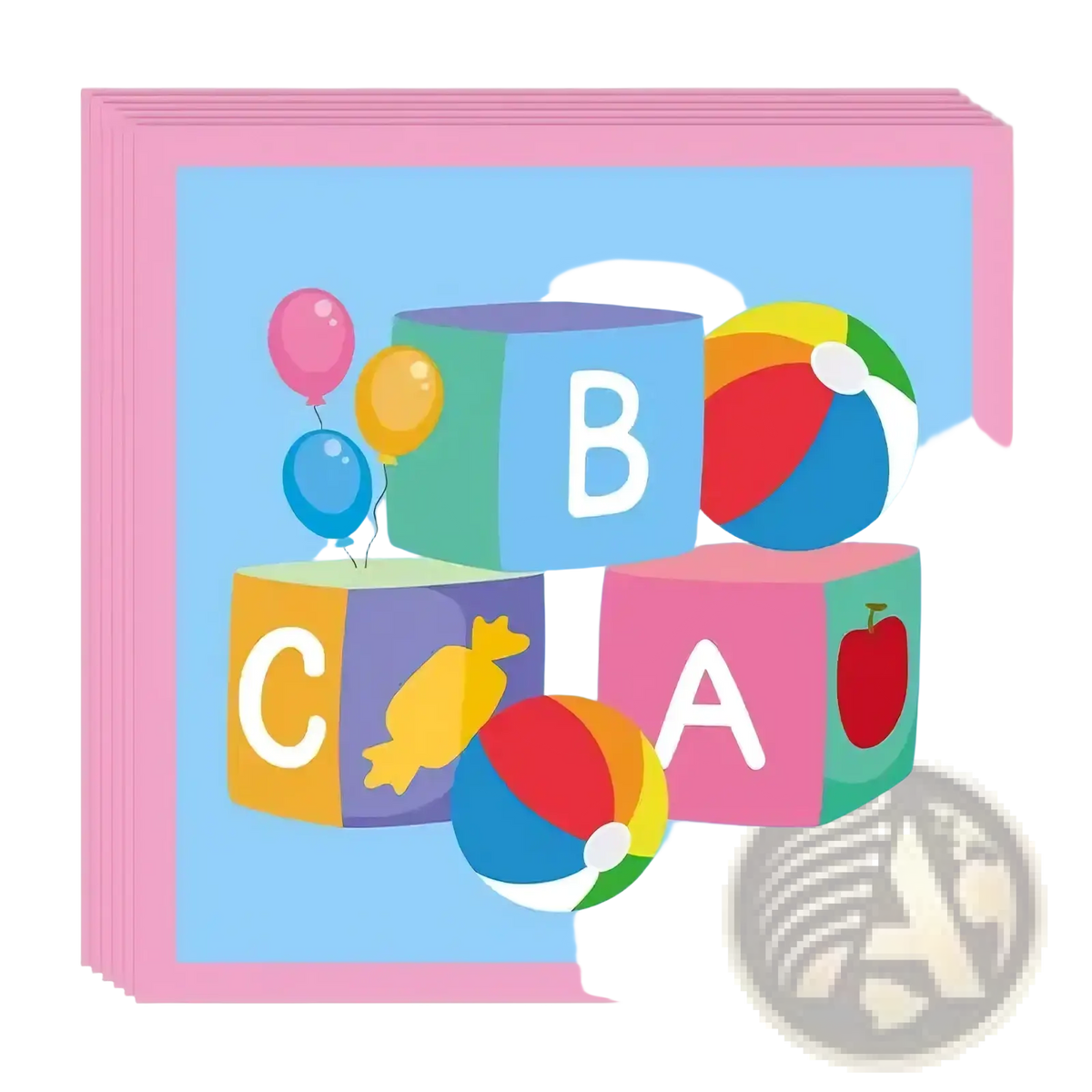 Kids birthday party disposable tableware set with pink bordered napkins featuring colorful alphabet blocks and beach balls
