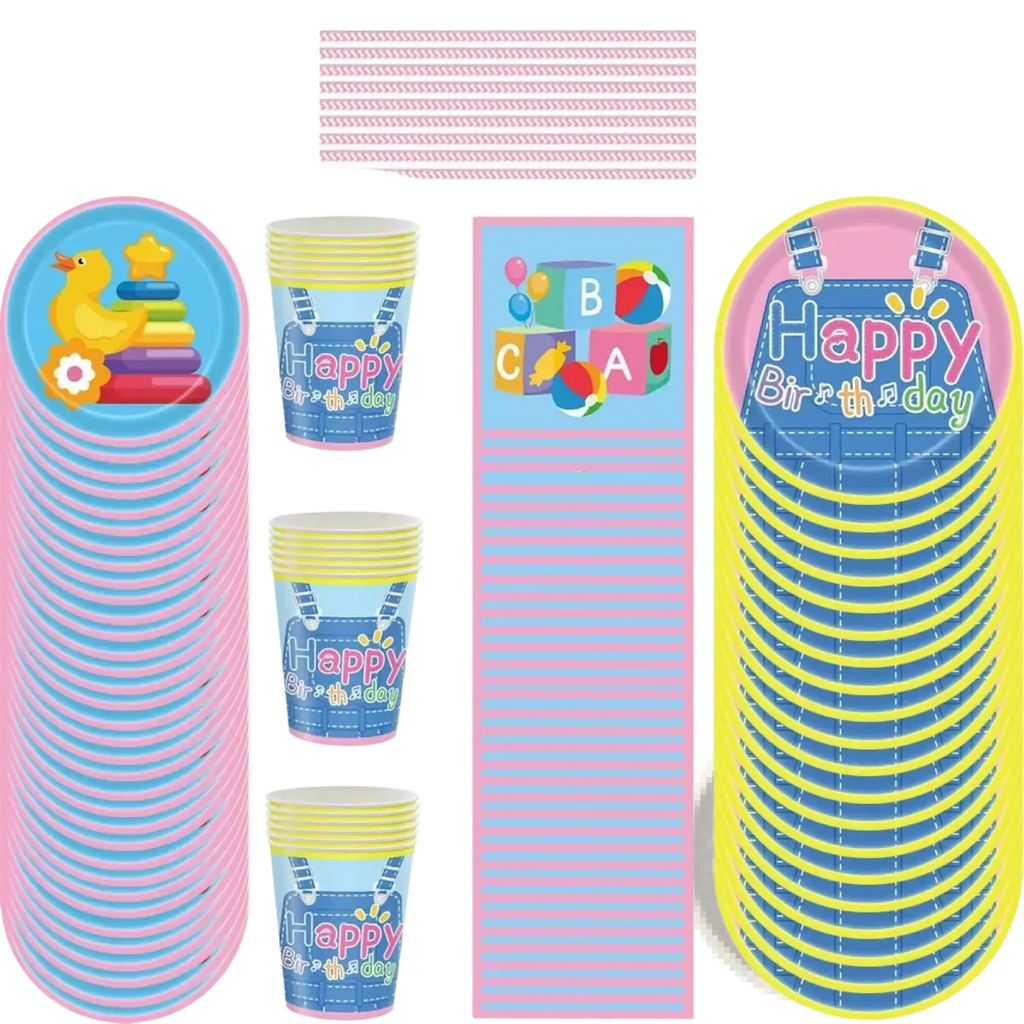Kids birthday party disposable tableware set pink and blue paper plates with denim overalls and colorful alphabet blocks design