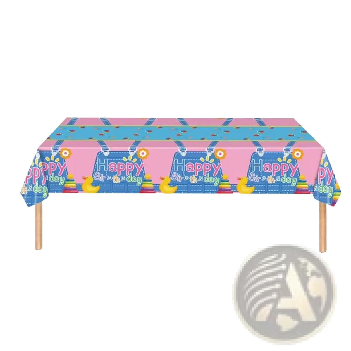 Kids birthday party disposable tableware set with pink and blue plastic tablecloth featuring happy birthday text and yellow rubber ducks
