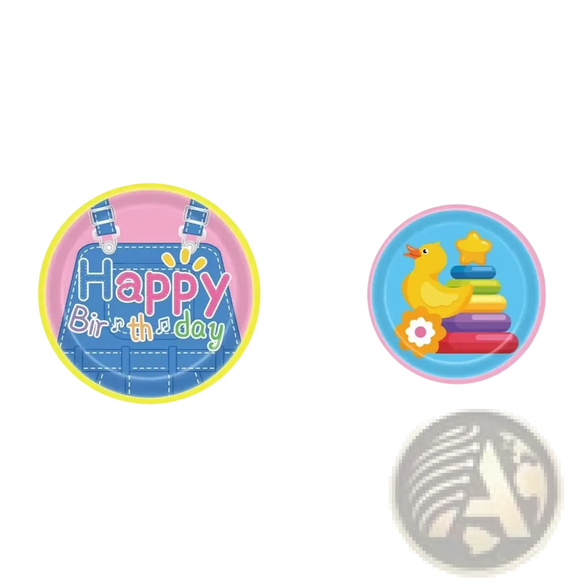 Kids birthday party disposable tableware set with colorful blue denim overalls and yellow duck stacking ring plates