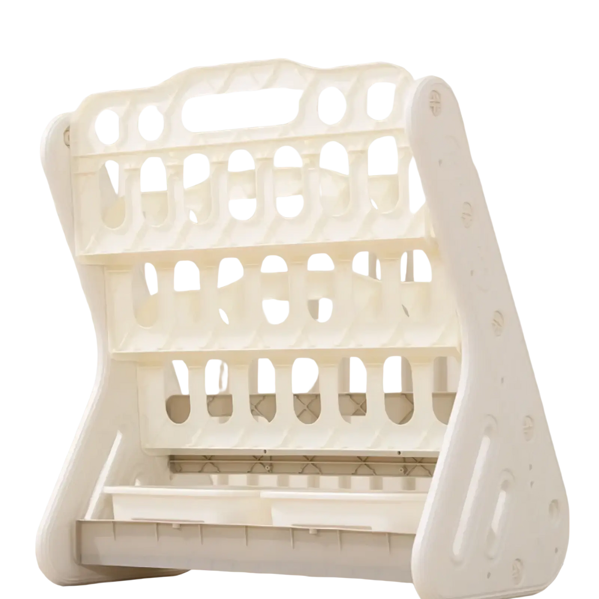 White plastic kids bookshelf and toy storage organizer with multiple compartments and a curved modern design