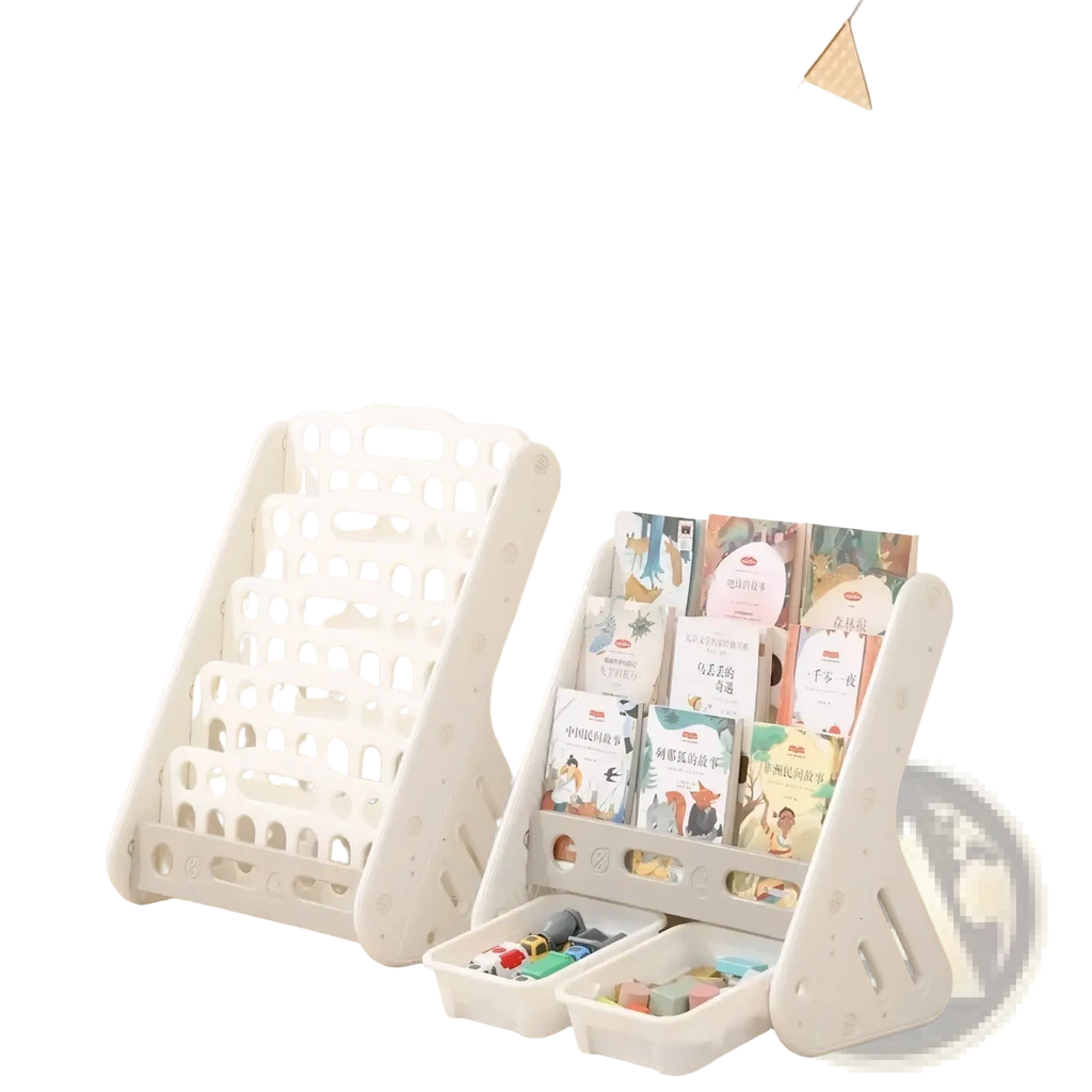 White plastic kids bookshelf with integrated toy storage drawers for organized children’s rooms