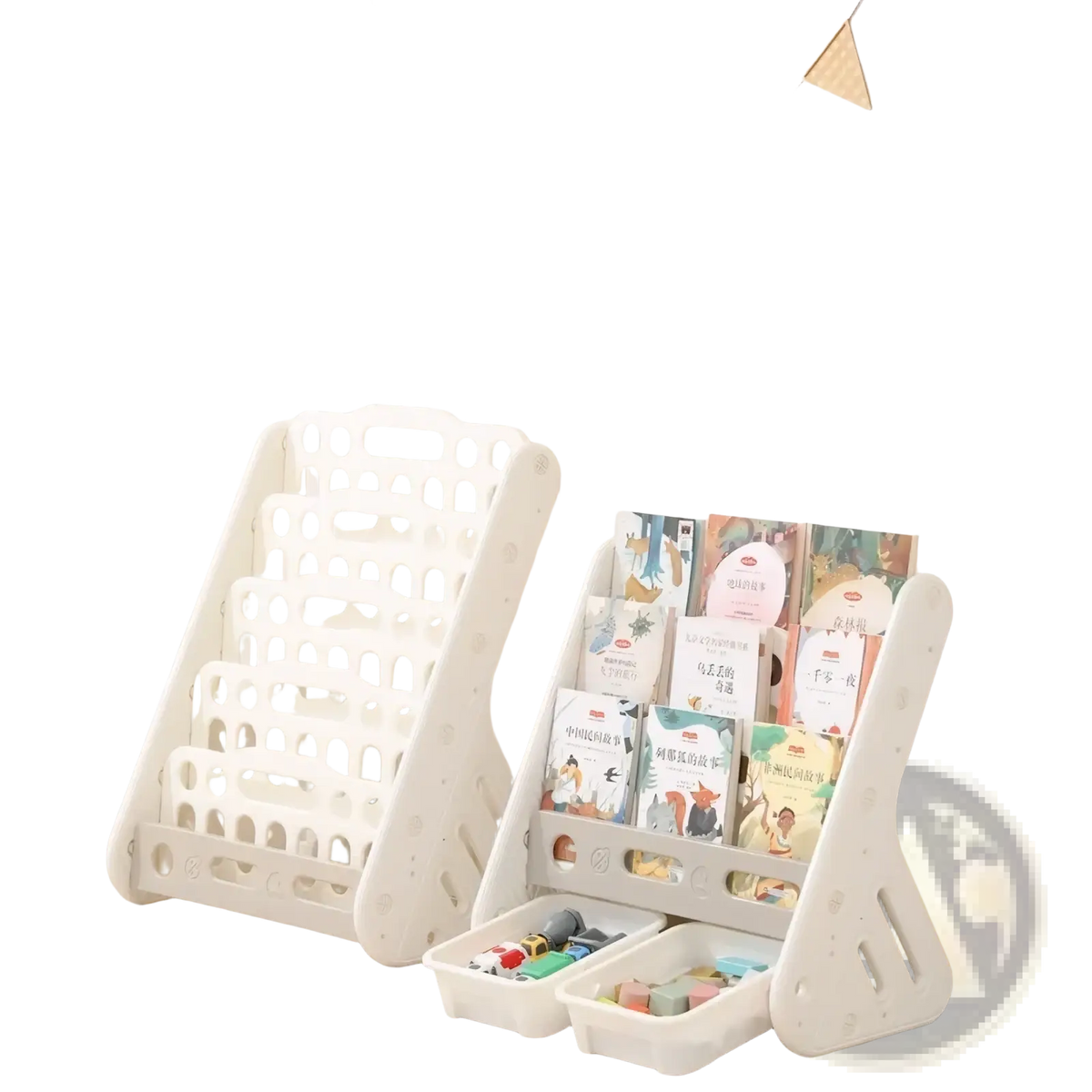 White plastic kids bookshelf with integrated toy storage drawers for organized children’s rooms