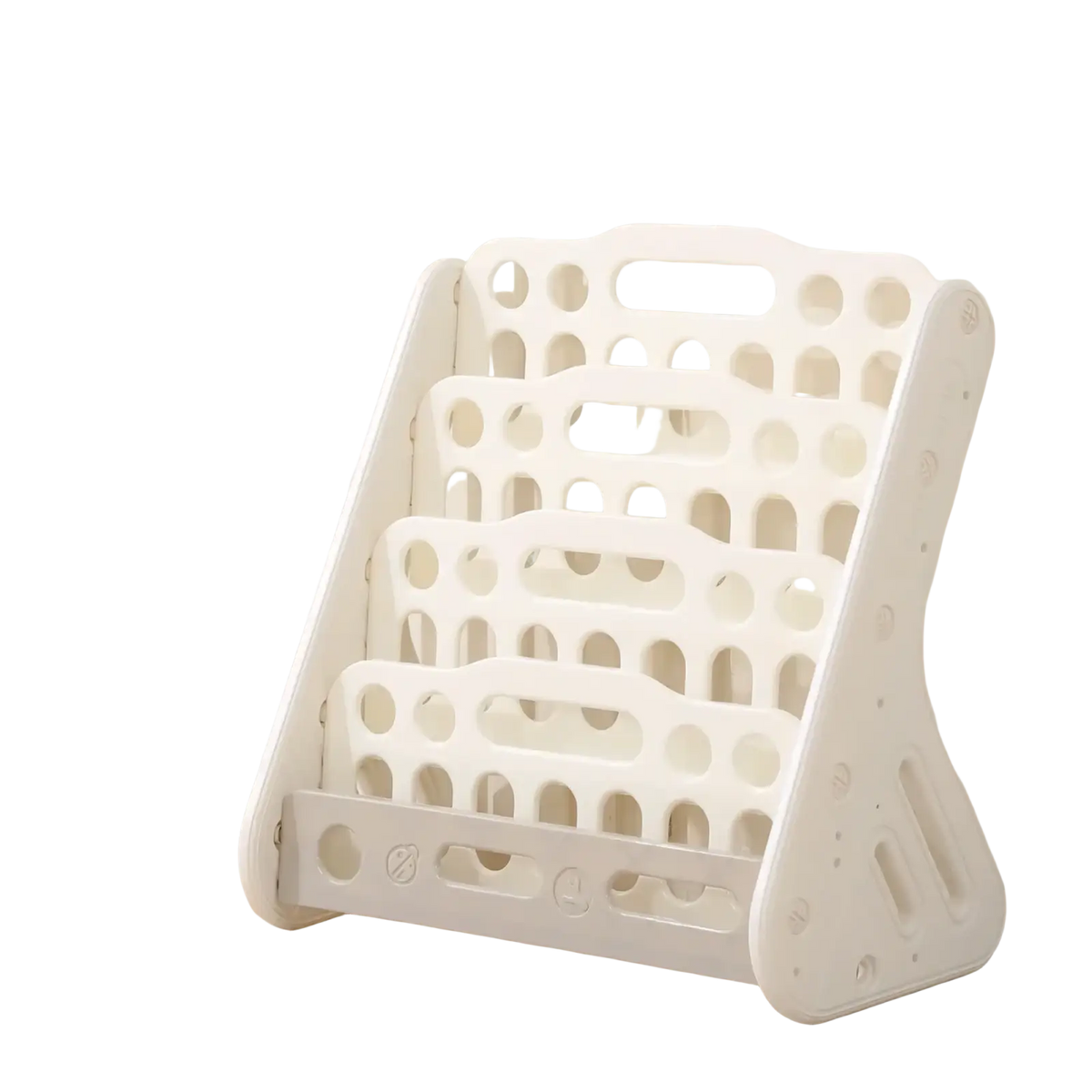 White plastic kids bookshelf with slanted shelves and circular cutouts for book and toy storage organizer