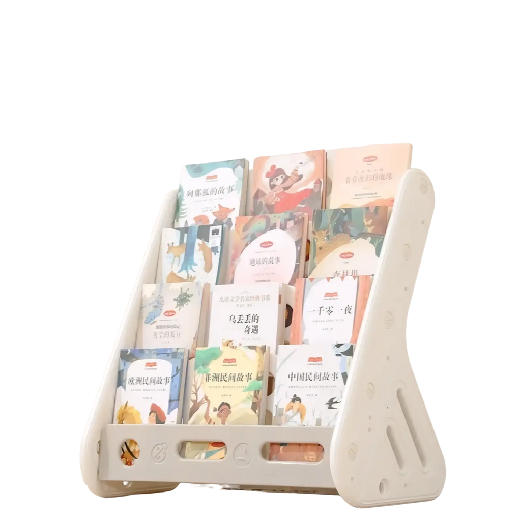 White plastic kids bookshelf with multiple compartments holding colorful illustrated storybooks for toy organization