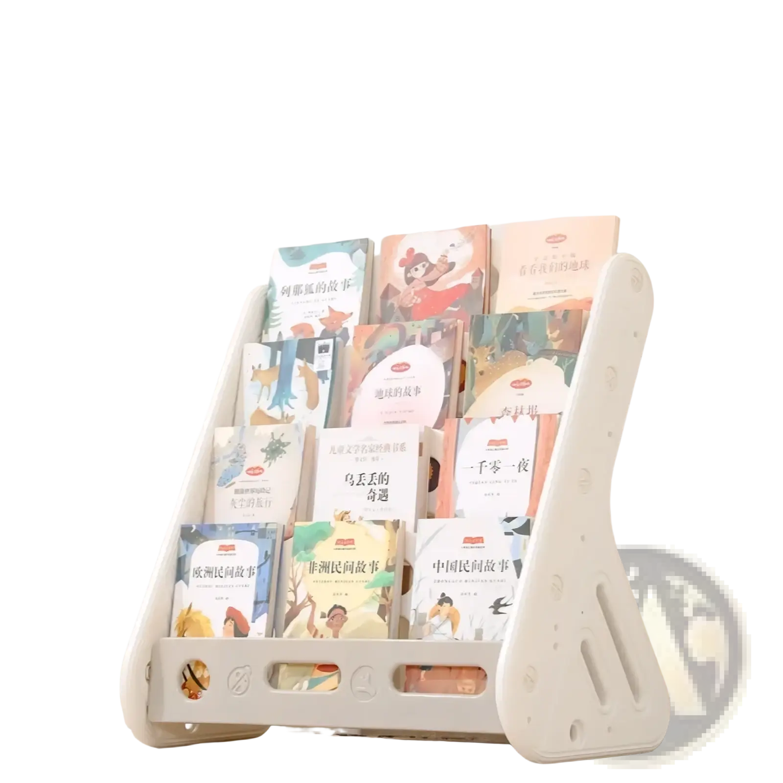 White plastic kids bookshelf with multiple compartments holding colorful illustrated storybooks for toy organization