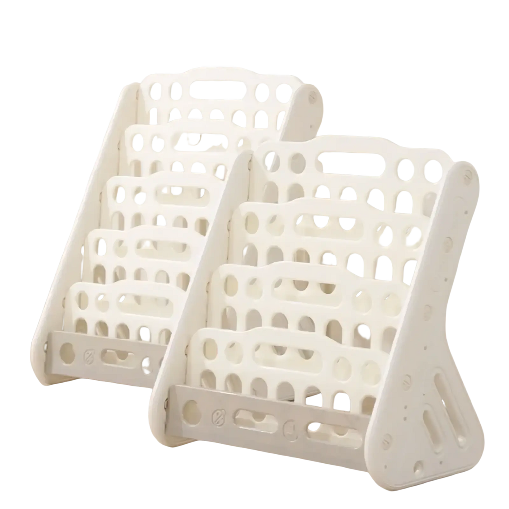 White plastic kids bookshelf and toy storage organizer with a geometric perforated magazine rack design