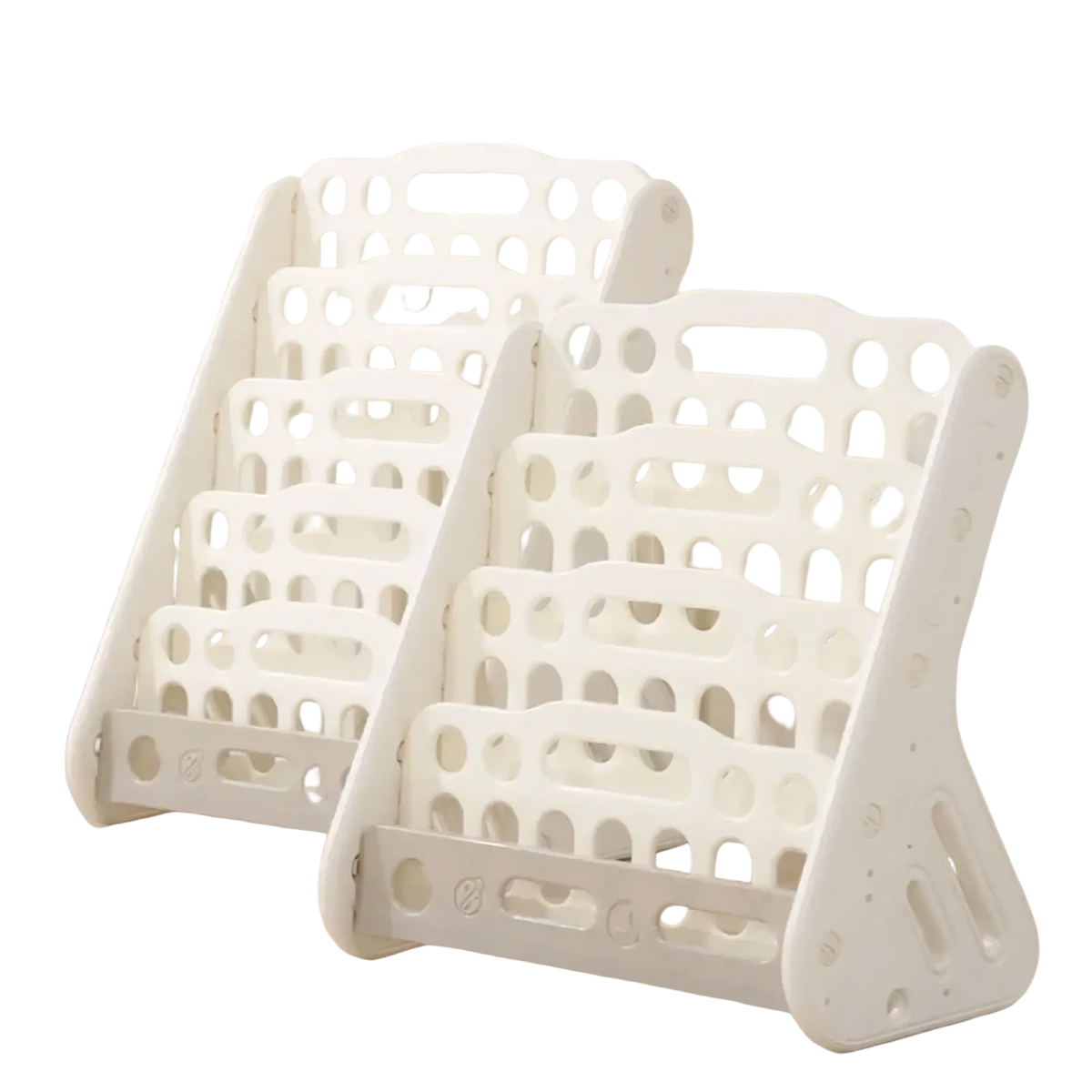 White plastic kids bookshelf and toy storage organizer with a geometric perforated magazine rack design