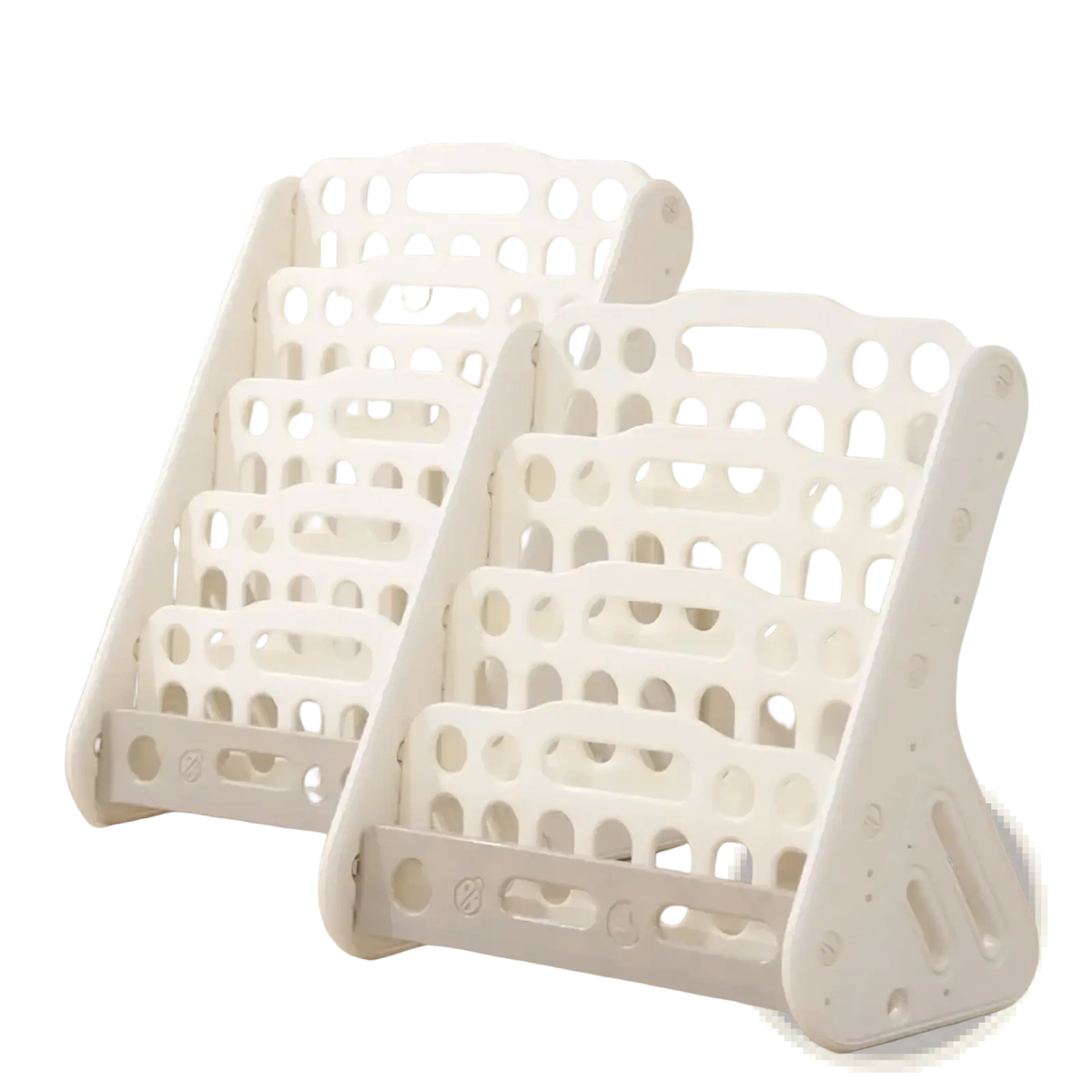 White plastic kids bookshelf and toy storage organizer with a geometric perforated magazine rack design