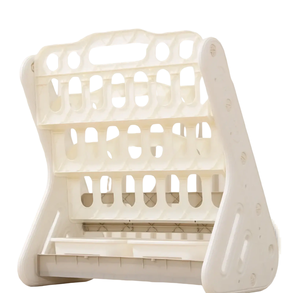 White plastic kids bookshelf and toy storage organizer with multiple compartments and a curved modern design