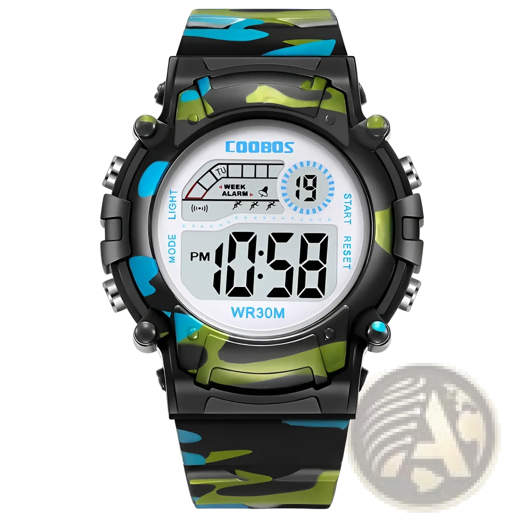 Kids camouflage digital sport watch with camo pattern and black green and blue accents designed for active wear
