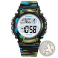 Kids camouflage digital sport watch with camo pattern and black green and blue accents designed for active wear