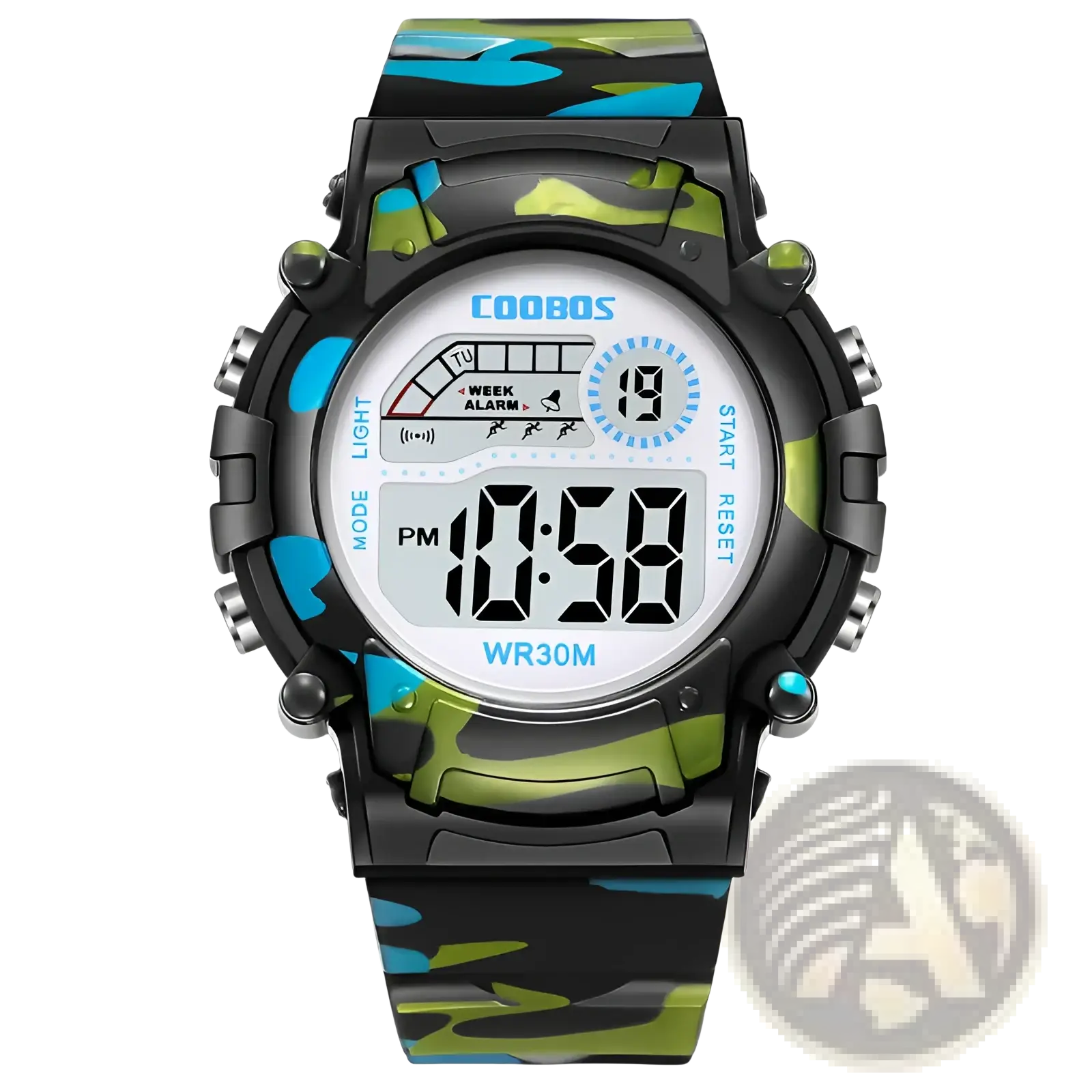 Kids camouflage digital sport watch with camo pattern and black green and blue accents designed for active wear
