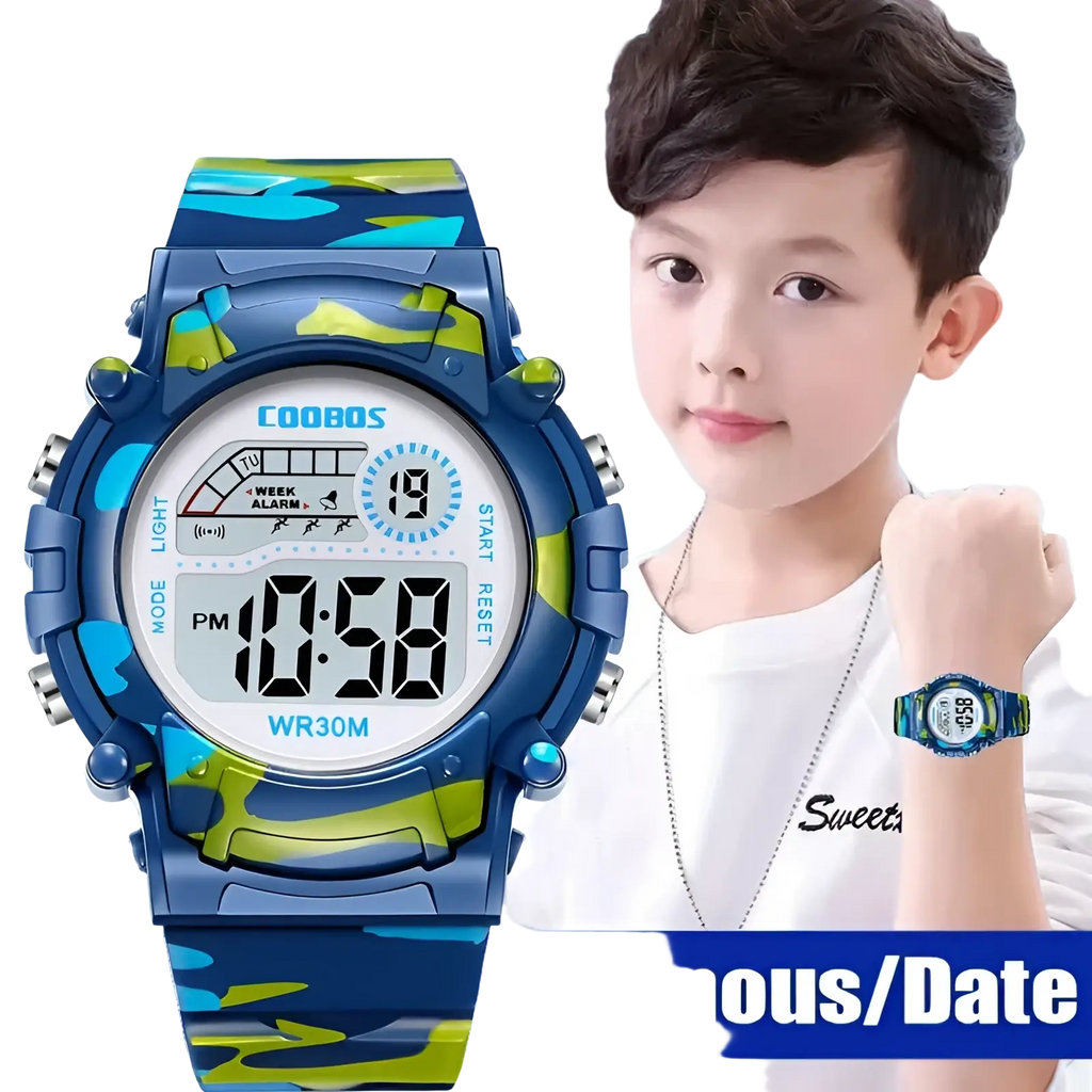 Kids camouflage digital sport watch with blue and green waterproof coobos led display and camouflage pattern