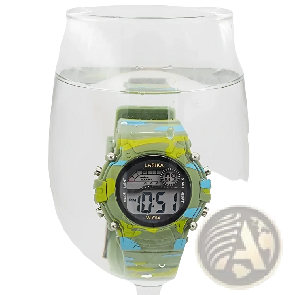 Kids camouflage digital sport watch with green and blue camouflage pattern and rugged sporty design by lasika w-f54