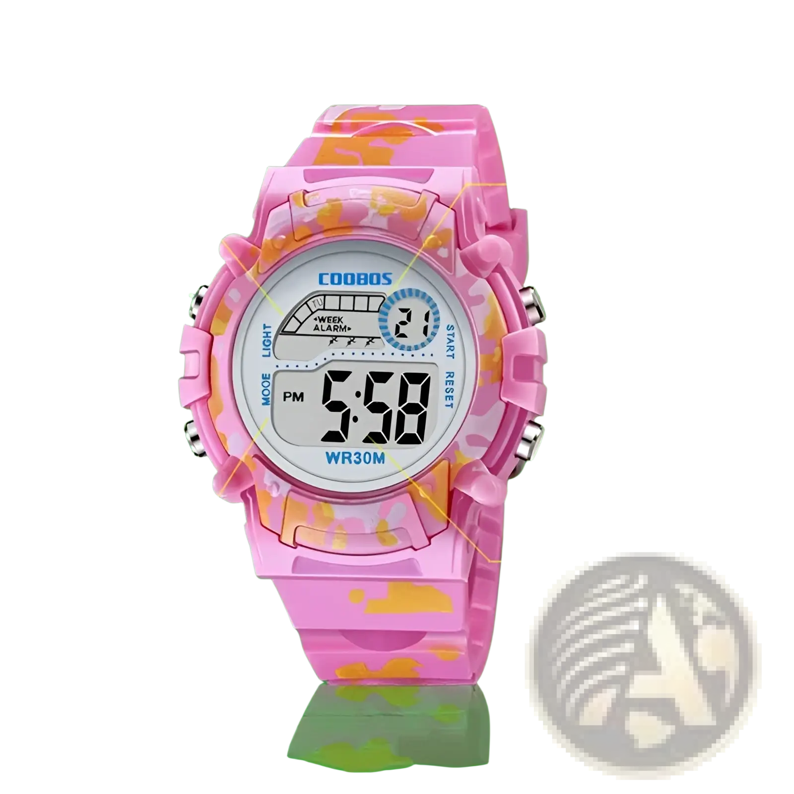 Kids camouflage digital sport watch with pink and orange camouflage pattern and plastic case and strap