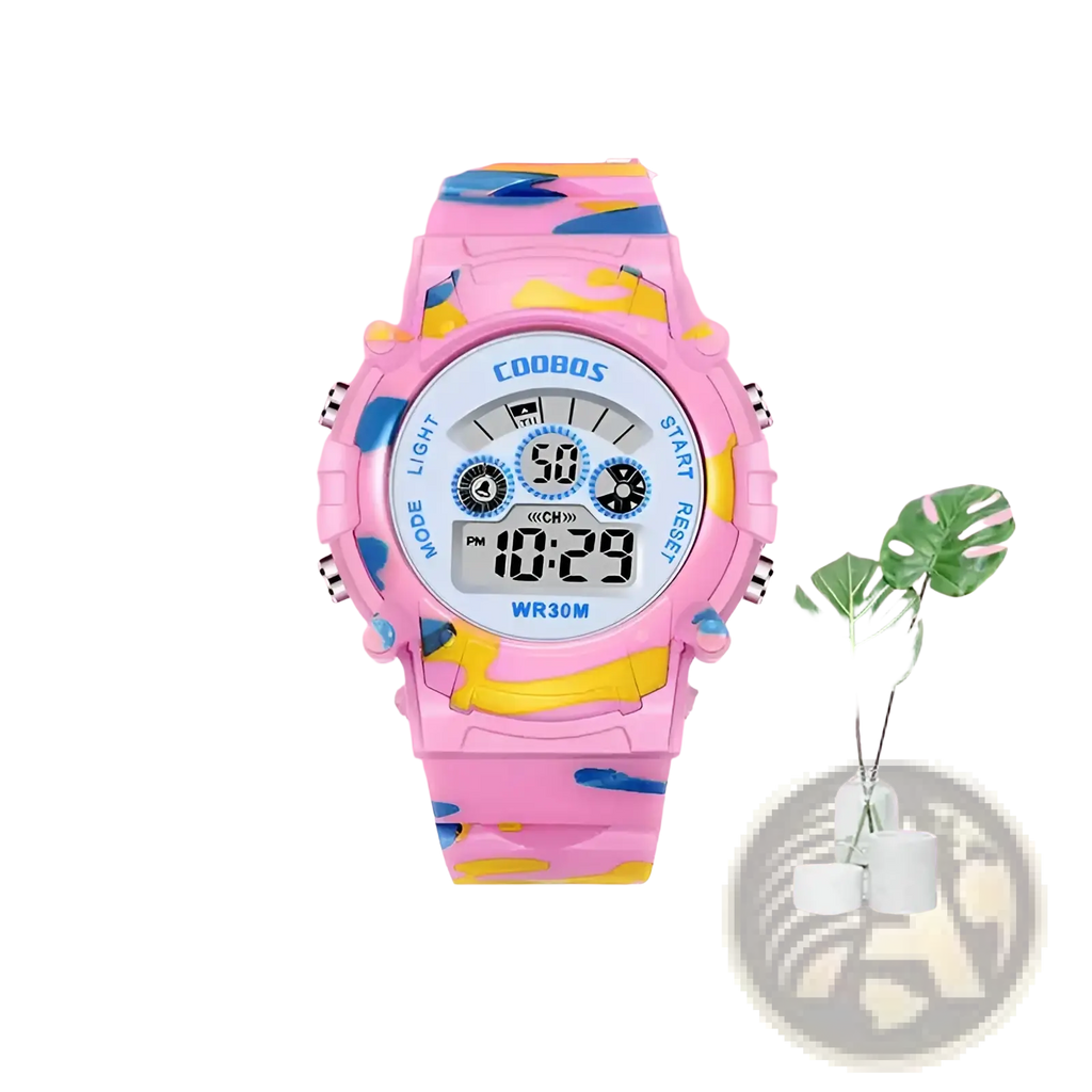 Kids camouflage digital sport watch featuring pink and yellow camouflage pattern with a white digital face