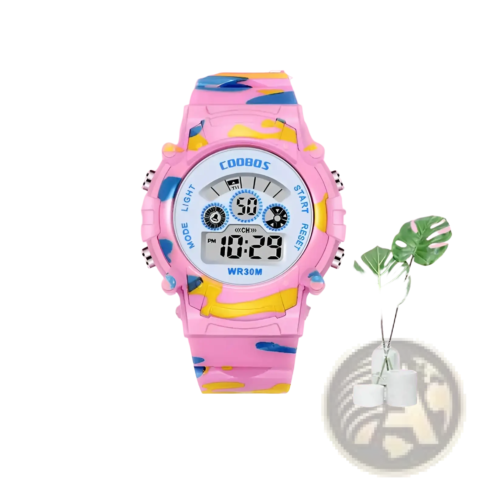 Kids camouflage digital sport watch featuring pink and yellow camouflage pattern with a white digital face