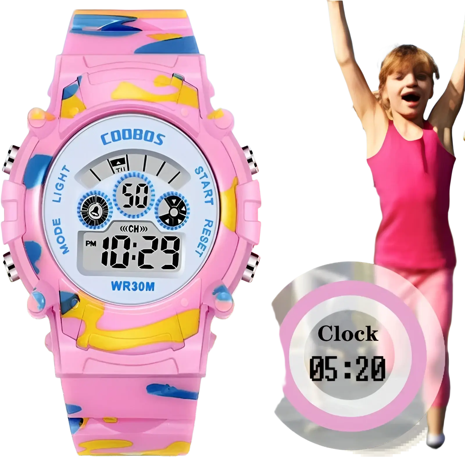 Kids camouflage digital sport watch with pink and yellow camouflage pattern and a white digital face