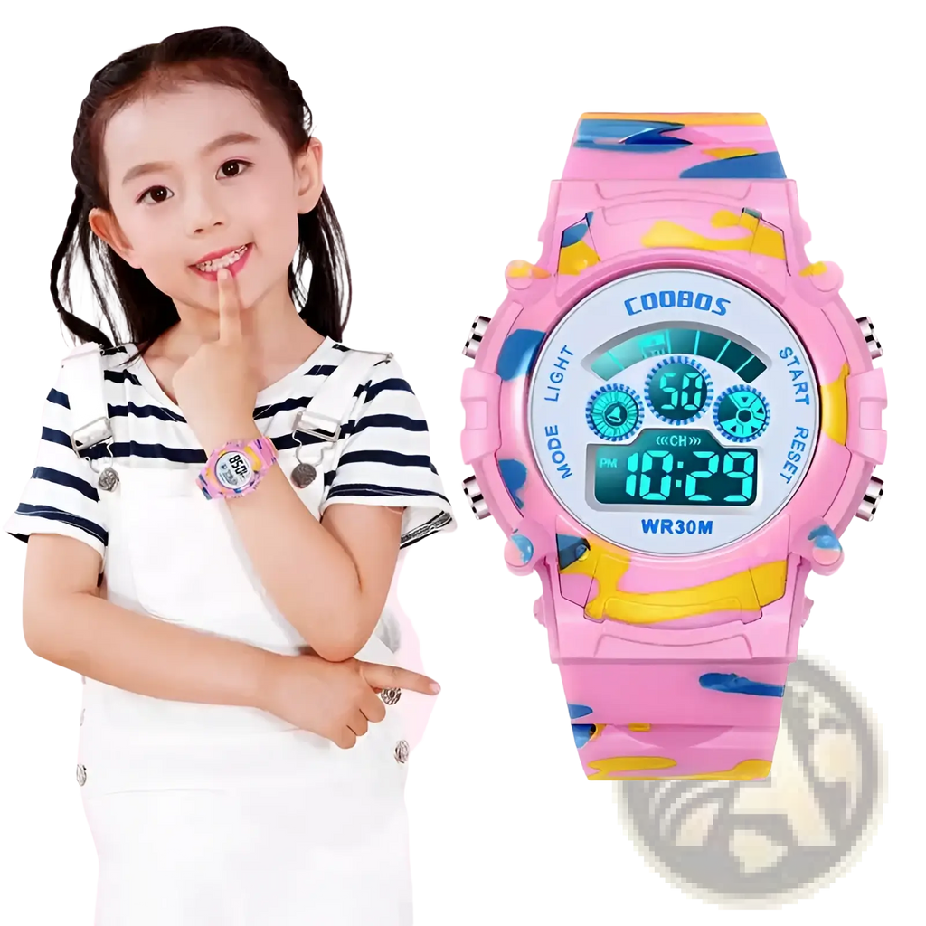 Kids camouflage digital sport watch with pink and yellow camouflage pattern and colorful plastic strap