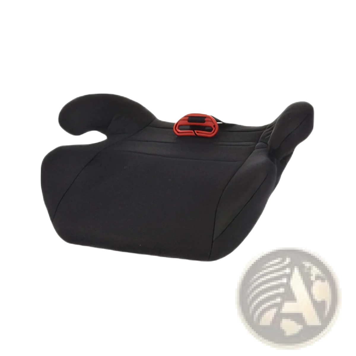 Black child car booster seat cushion with red buckle designed for children aged 3 to 12 years