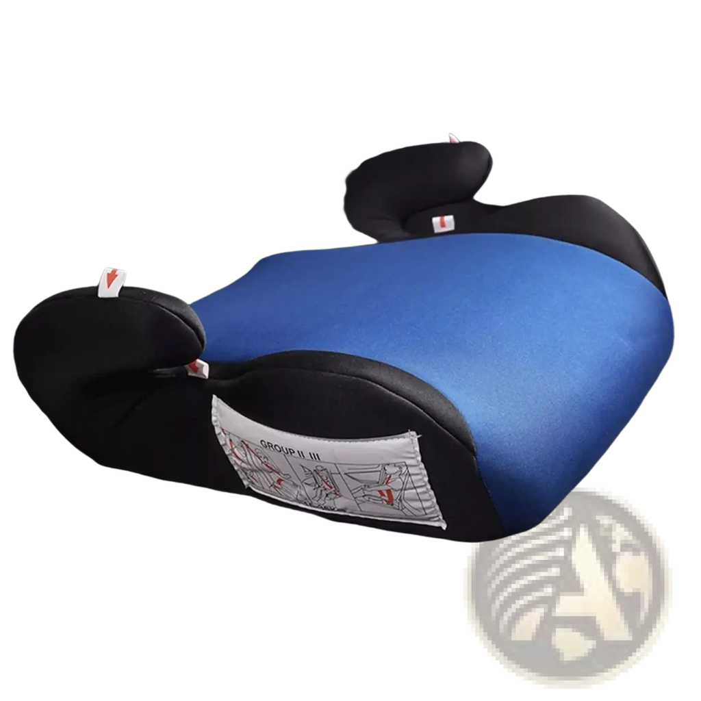 Blue and black kids car booster seat cushion with cloth-wrapped handrails for children aged 3 to 12 years
