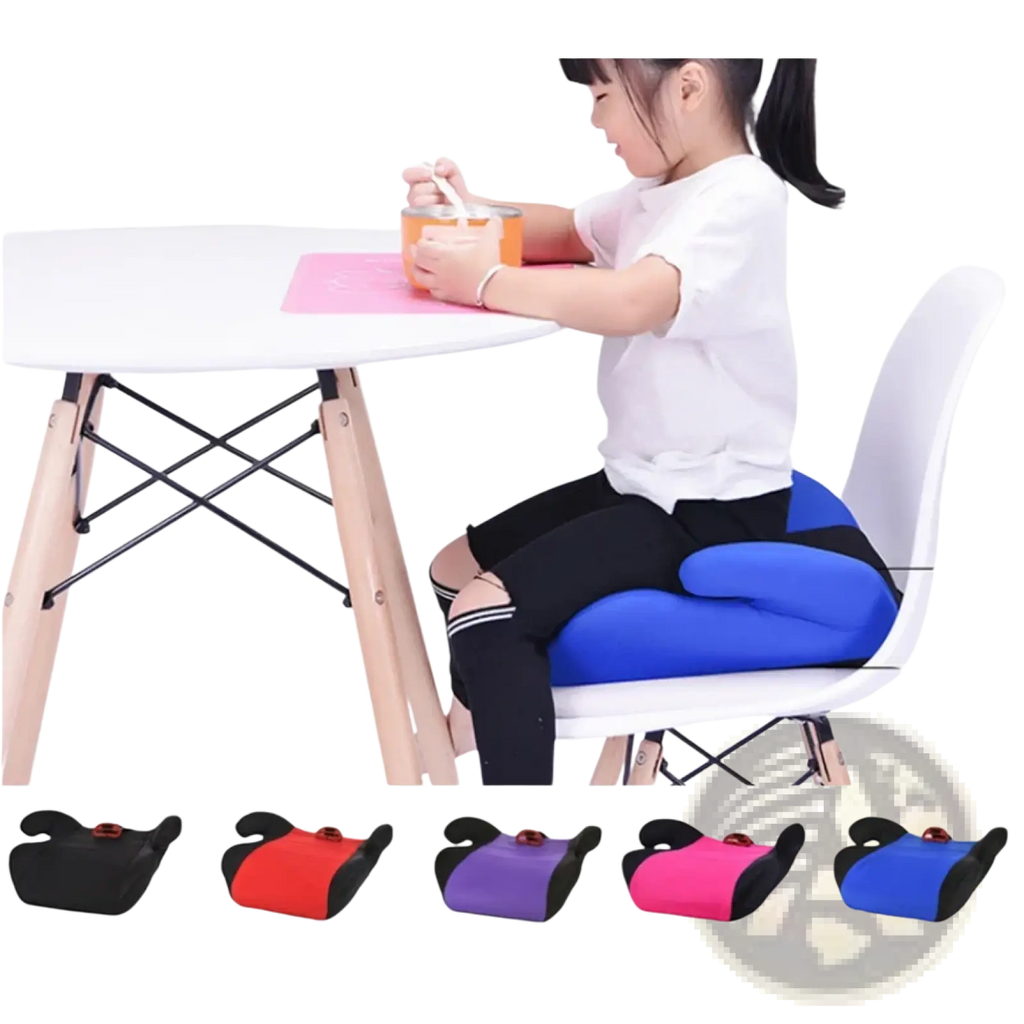 Kids car booster seat cushion in blue and black with ergonomic contoured design for comfortable children seating