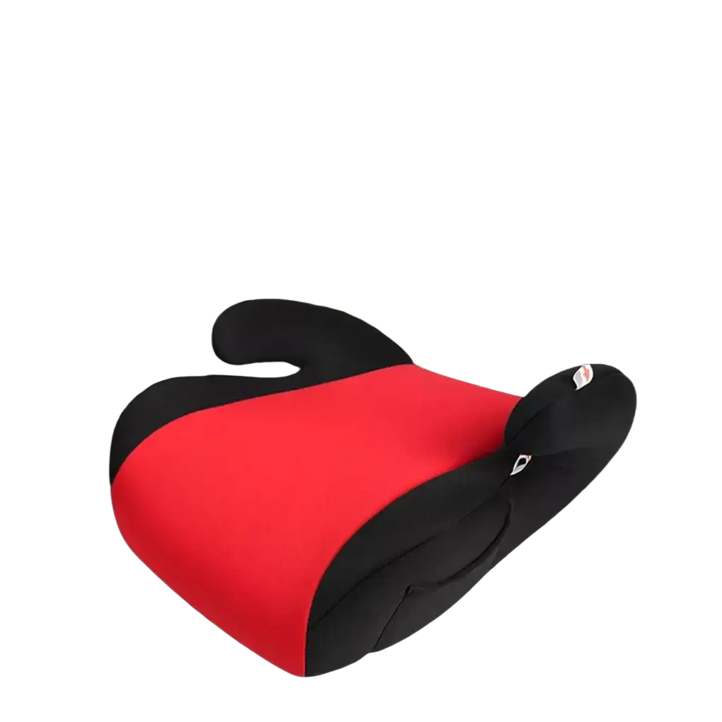 Red and black kids car booster seat cushion with contoured design for children aged 3 to 12 years