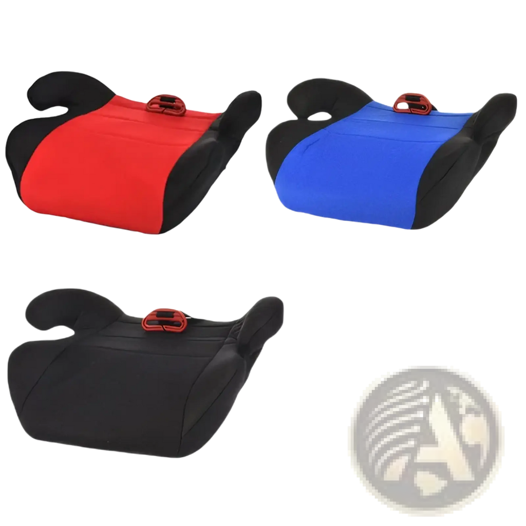 Kids car booster seat cushion for 3 to 12 years with padded design and adjustable harness in red and black or blue and black colors