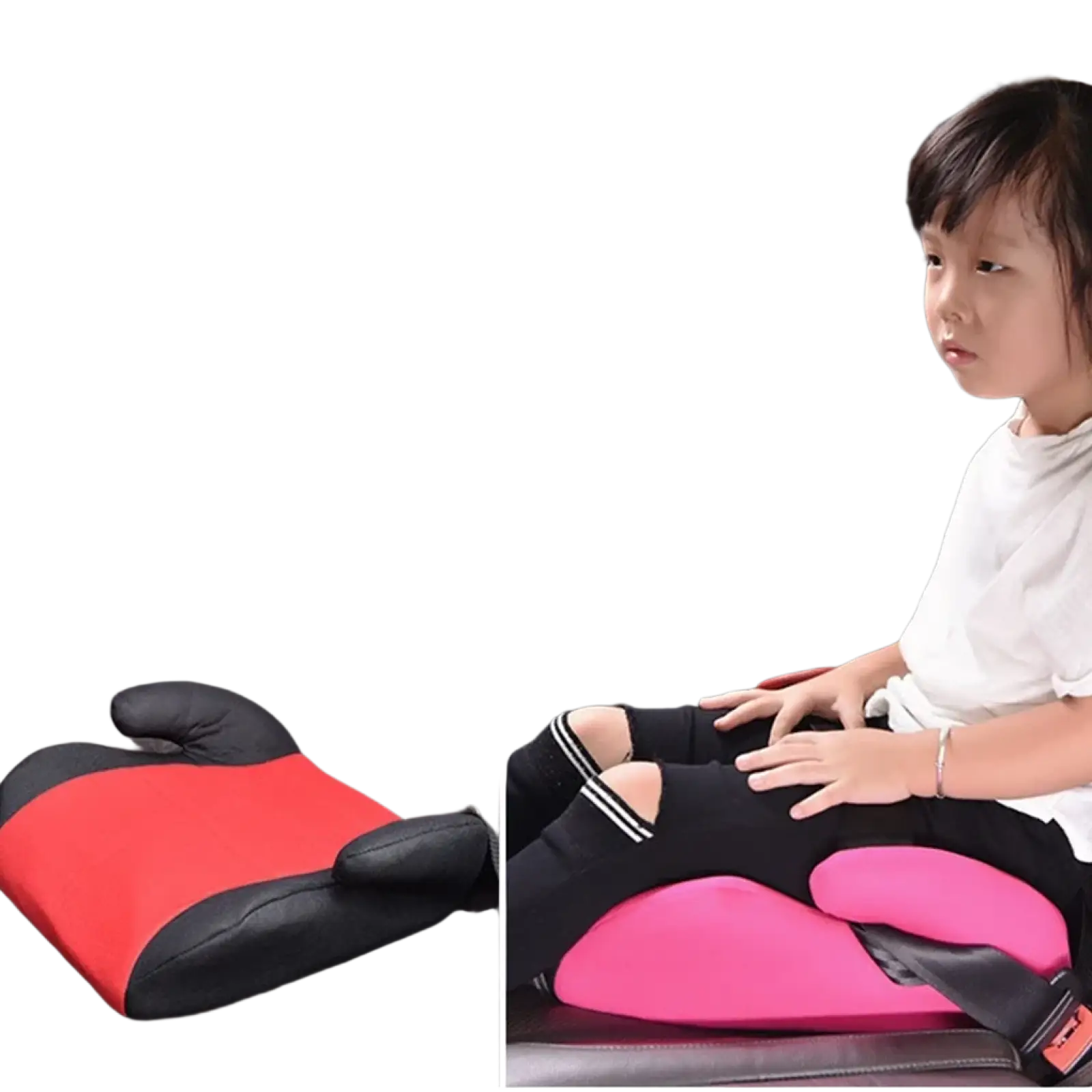 Kids car booster seat cushion in red and black with pink interior padding for ages 3 to 12 years
