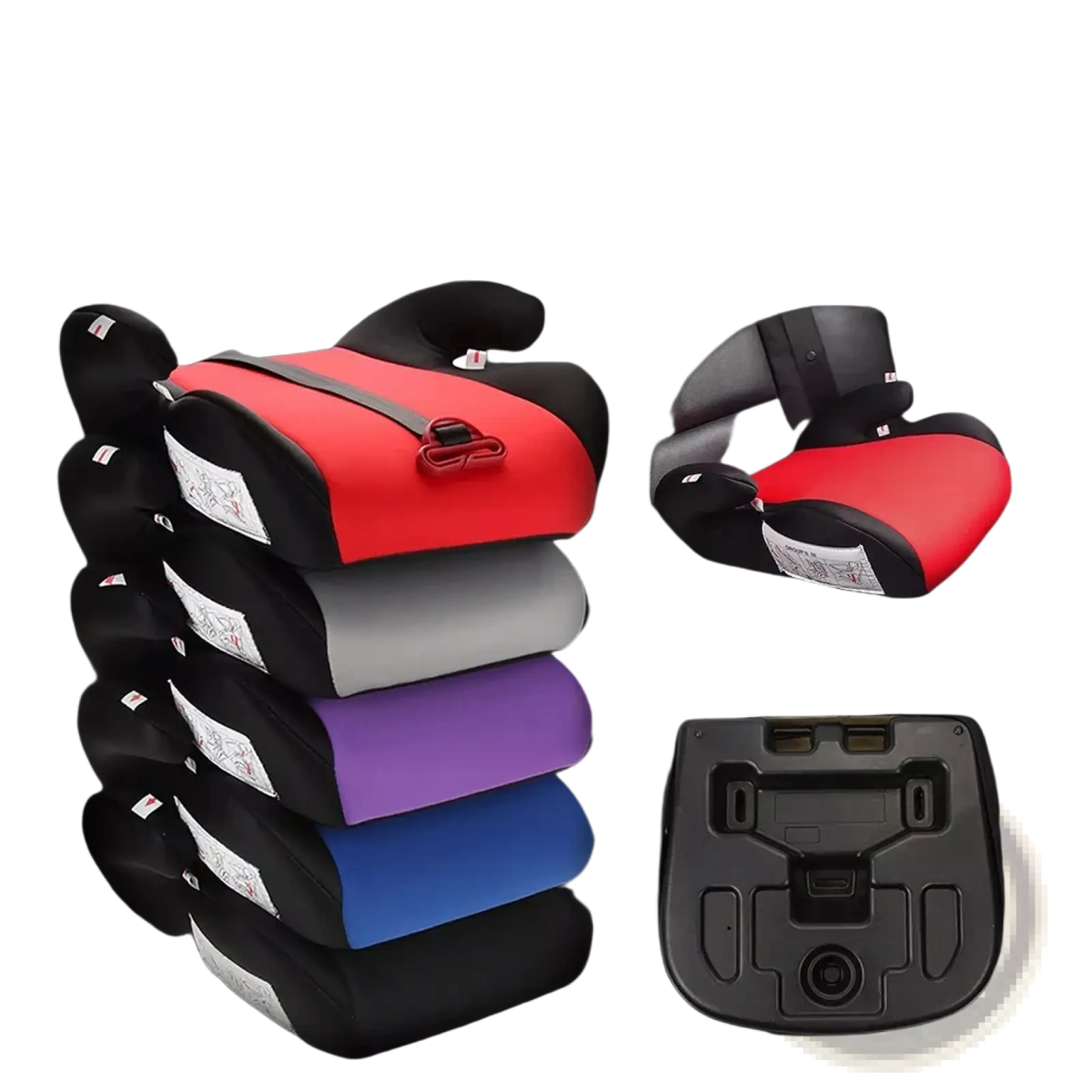 Kids car booster seat cushion in red and black with gray strap shown with purple and blue color options for ages 3 to 12 years