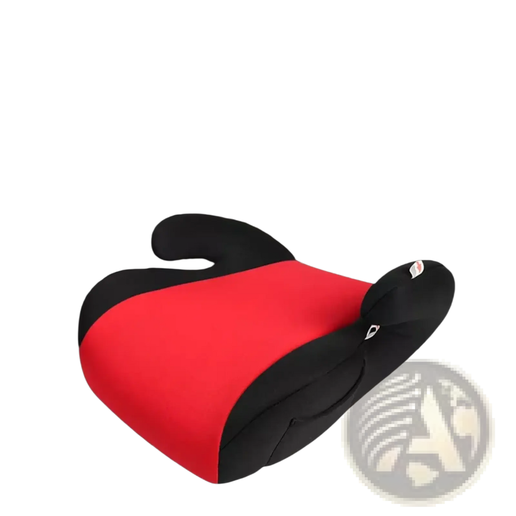 Red and black kids car booster seat cushion with contoured design for children aged 3 to 12 years