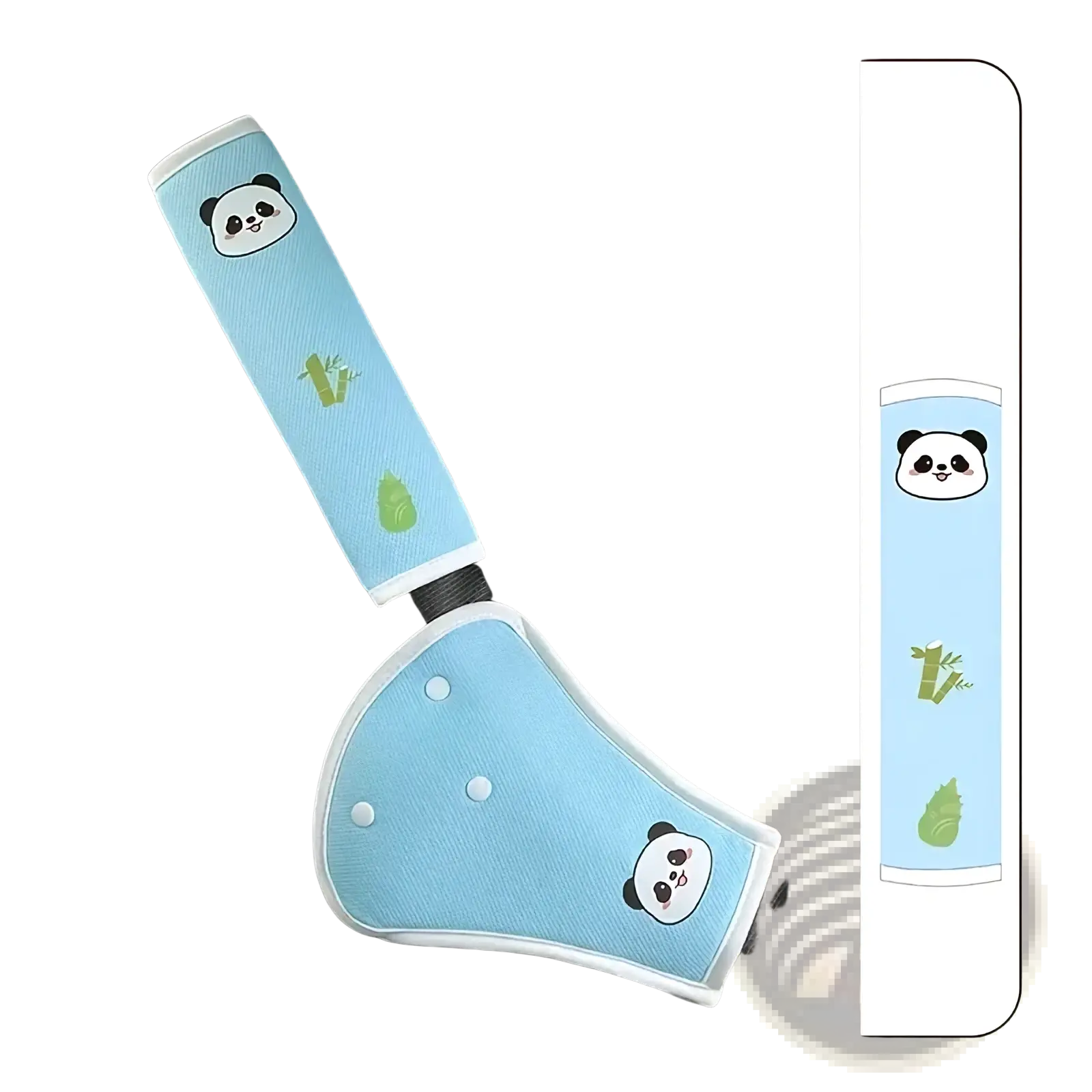Light blue panda-themed kids car seat belt cover with bamboo and leaf designs for neck support and safety