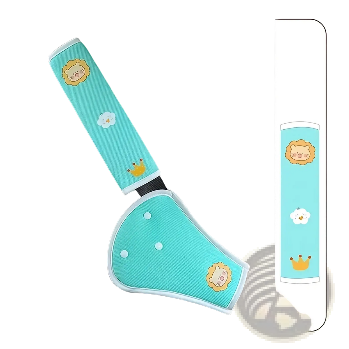 Kids car seat belt cover in turquoise soft fabric with cute lion and cloud pattern for child safety comfort